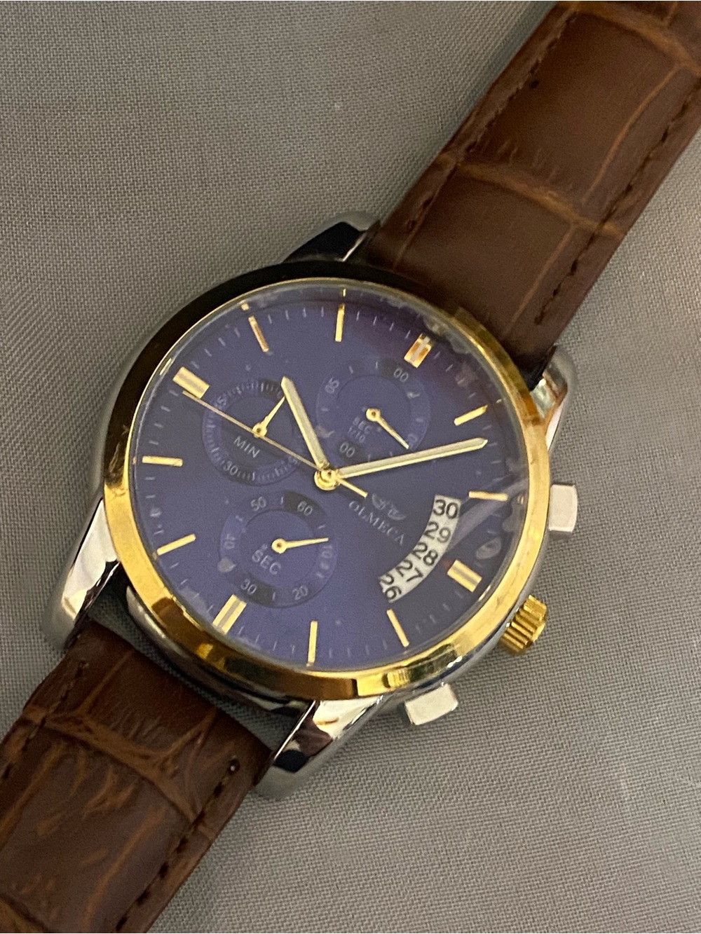 NWOT Olmeca 0826M Quartz Chronograph Mens Dress Watch Two Tone Leather Croc